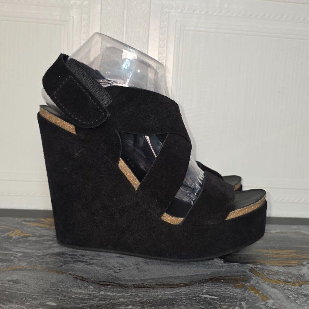 Pedro Garcia Black Suede Platform Wedge Sandals Size 40 US 9.5 EUC Spain